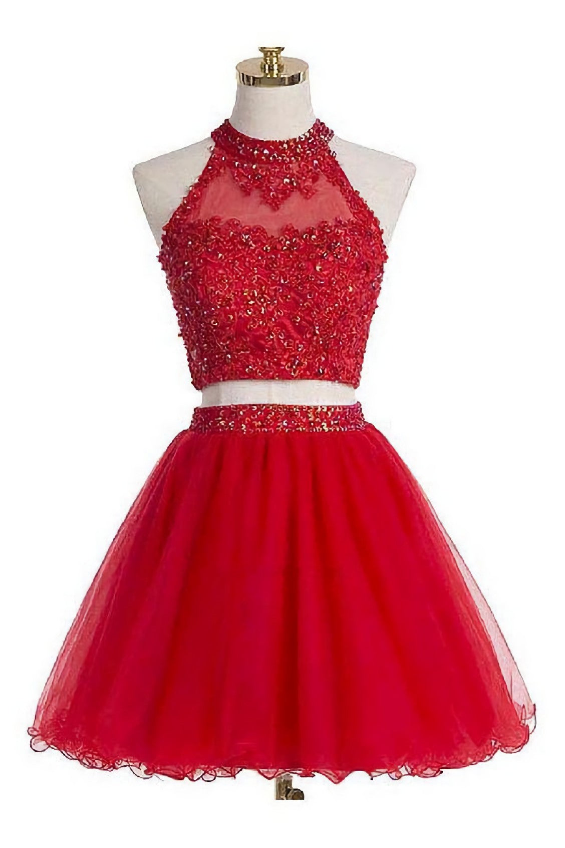 Prom Dresses Navy, Two Piece Scoop Short Red Organza Beaded Homecoming Dress, With Appliques Sequins