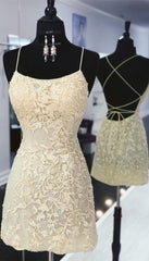 Prom Dress Fabric, Tight Yellow Lace Homecoming Dresses, Short Yellow Homecoming Dress, With Lace Up Back