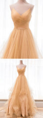 Homecoming Dress Stores, Custom Made Gold V Neck Tulle Long Prom Dress, Evening Dress