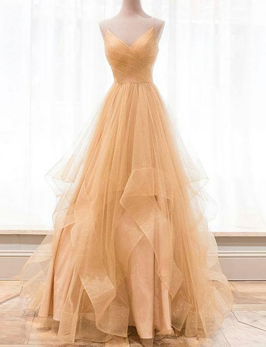 Homecoming Dress Website, Custom Made Gold V Neck Tulle Long Prom Dress, Evening Dress