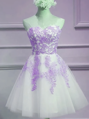 Prom Dressed Ball Gown, Lovely Sweetheart White Tulle With Purple Lace Cute Party Homecoming Dress