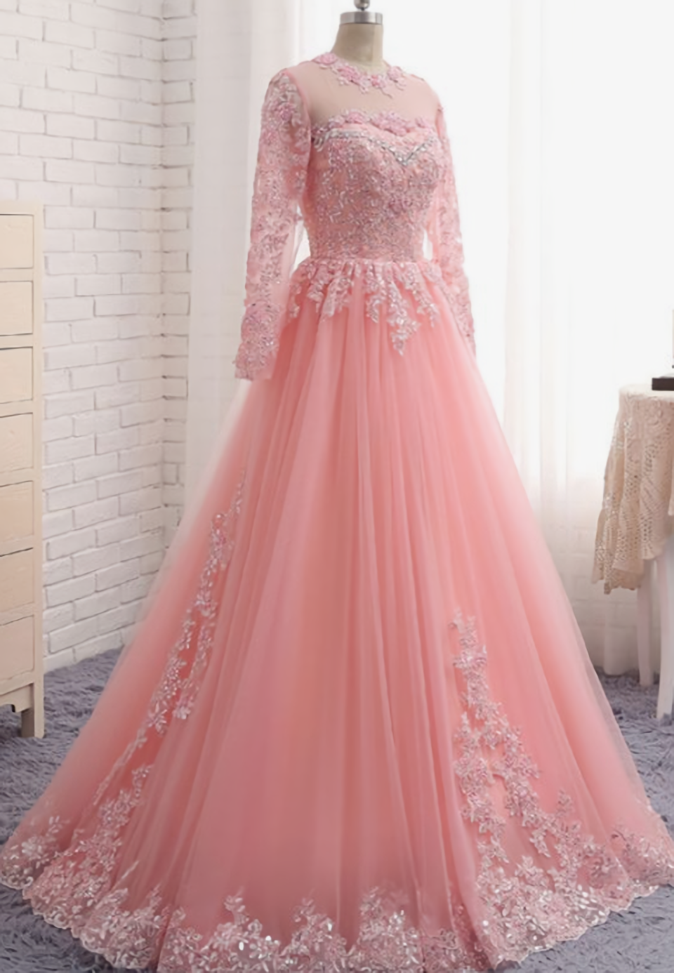 Homecoming Dresses Blues, Charming Long Sleeve Appliques Pink Tulle Prom Dresses, Elegant Evening Formal Dress