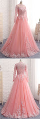 Homecomming Dresses Red, Charming Long Sleeve Appliques Pink Tulle Prom Dresses, Elegant Evening Formal Dress