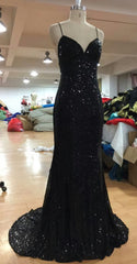 Prom Dresses Under 107, V Neckline Criss Cross Backless Bling Bling Mermaid Prom Dress, Black Sequins Evening Dresses