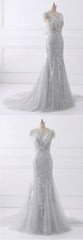 Homecoming Dresses Lace, Spring Gray Tulle Long Mermaid Prom Dress, Beaded Lace Evening Gown