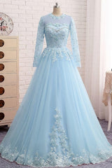 Evening Dress 1926, Blue Lace Tulle Long Sleeve Beaded Formal Prom Dress