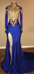 Homecomeing Dresses Red, Gorgeous Royal Blue Prom Dresses, Gold Appliques Side Slit Mermaid Evening Dresses_