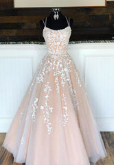 Prom Dress Champagne, A-Line Long Lace Prom Dress, Cute Lace-Up Evening Dress