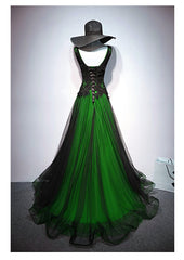 Prom Dress Website, Chaming Black and Green Tulle V-neckline Long Party Dress, V-neckline Prom Dresses