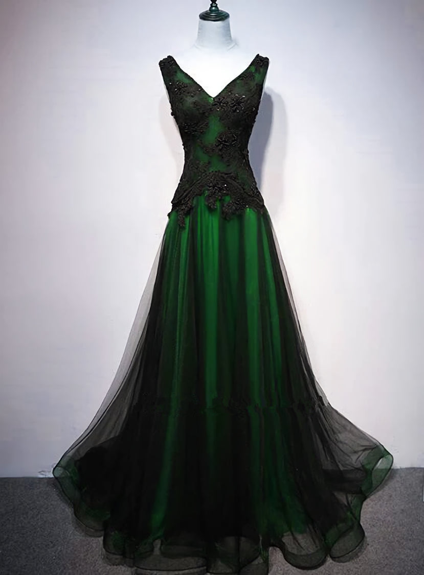 Prom Dress Designs, Chaming Black and Green Tulle V-neckline Long Party Dress, V-neckline Prom Dresses