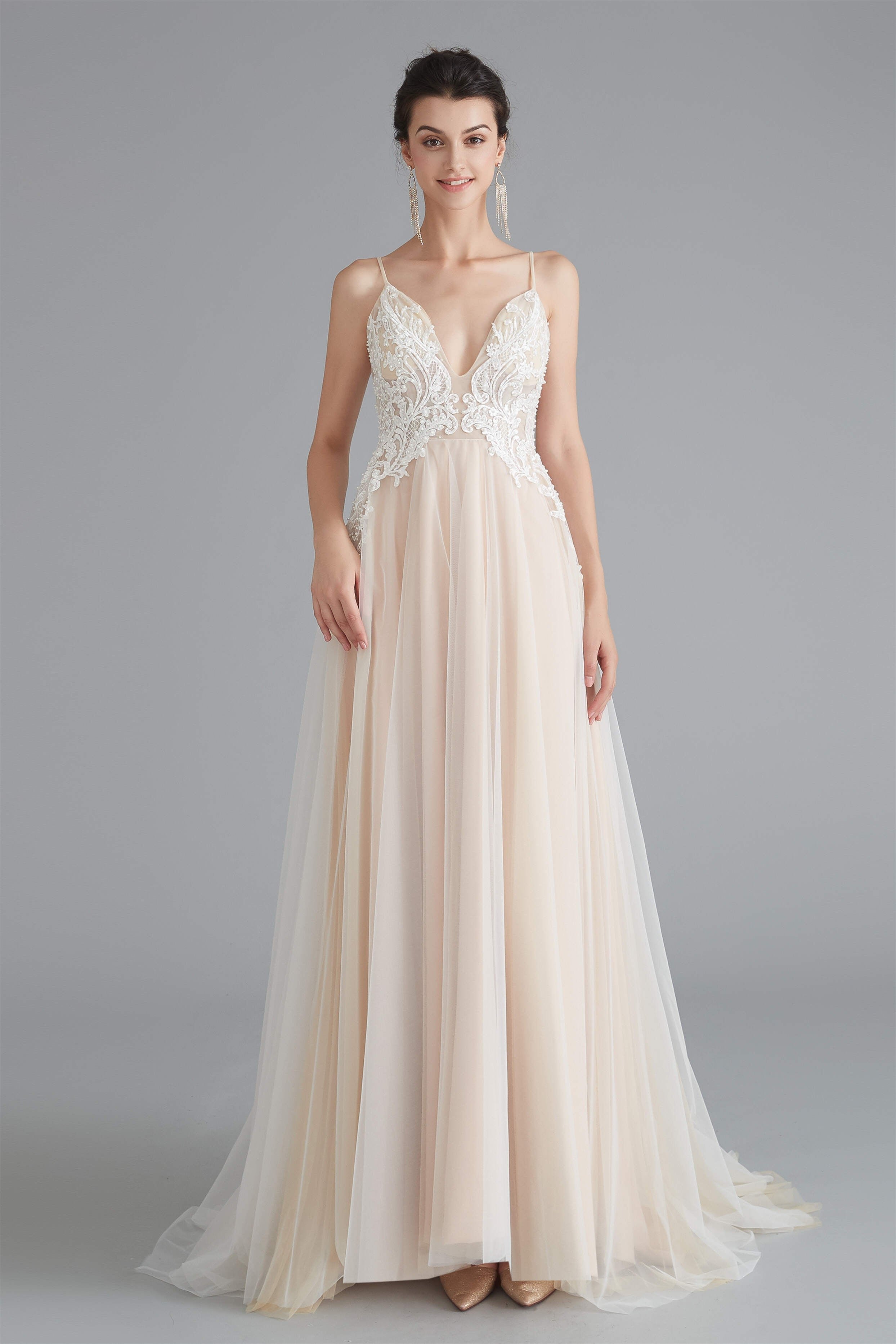 Festival Outfit, Champagne A-line Prom Dresses with Lace Top
