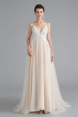 Festival Outfit, Champagne A-line Prom Dresses with Lace Top