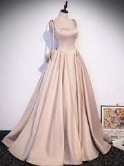 Prom Dresses Long Sleeve, Champagne A-Line Satin Long Prom Dress, Champagne Evening Dresses