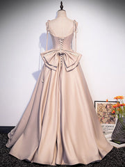 Prom Dress Long Sleeved, Champagne A-Line Satin Long Prom Dress, Champagne Evening Dresses