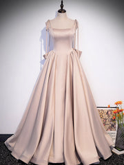 Prom Dress Off Shoulder, Champagne A-Line Satin Long Prom Dress, Champagne Evening Dresses