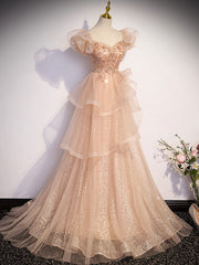 Prom Dresses Long Elegant, Champagne A-Line Tulle Beading Long Prom Dress, Champagne Formal Dresses