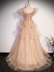 Prom Dress Long Elegent, Champagne A-Line Tulle Beading Long Prom Dress, Champagne Formal Dresses