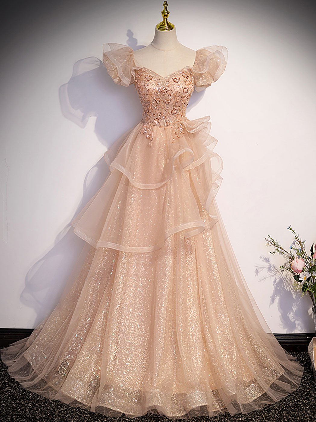 Prom Dresses 2035, Champagne A-Line Tulle Beading Long Prom Dress, Champagne Formal Dresses