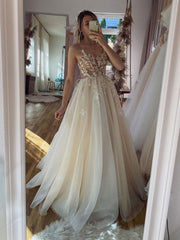 Prom Inspo, Champagne A -line Tulle Lace Long Prom Dress, Lace Formal Evening Dress