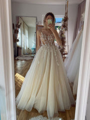 Debutant Dress, Champagne A -line Tulle Lace Long Prom Dress, Lace Formal Evening Dress