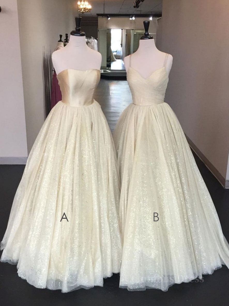 Prom Dress For Short Girl, Champagne A-line tulle long prom dress champagne evening dress