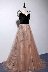 Prom Dress 2027, Champagne and Black Vevet Long Party Dresess, Straps Long Formal Dresses