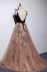 Prom Dresses2027, Champagne and Black Vevet Long Party Dresess, Straps Long Formal Dresses