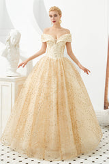 Prom Dresses Elegent, Champagne Gold Off-the-Shoulder Tulle Ball Gown Sequins Princess Prom Dresses for Girls