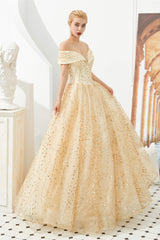 Prom Dress Shopping Near Me, Champagne Gold Off-the-Shoulder Tulle Ball Gown Sequins Princess Prom Dresses for Girls