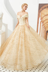 Prom Dress Shops Near Me, Champagne Gold Off-the-Shoulder Tulle Ball Gown Sequins Princess Prom Dresses for Girls