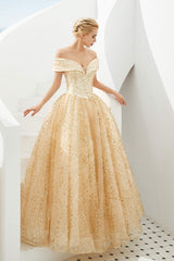 Prom Dress Shop Near Me, Champagne Gold Off-the-Shoulder Tulle Ball Gown Sequins Princess Prom Dresses for Girls