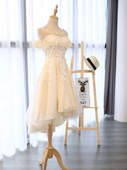 Black Bridesmaid Dress, Champagne High Low Lace Prom Dresses, Champagne High Low Lace Formal Homecoming Dresses