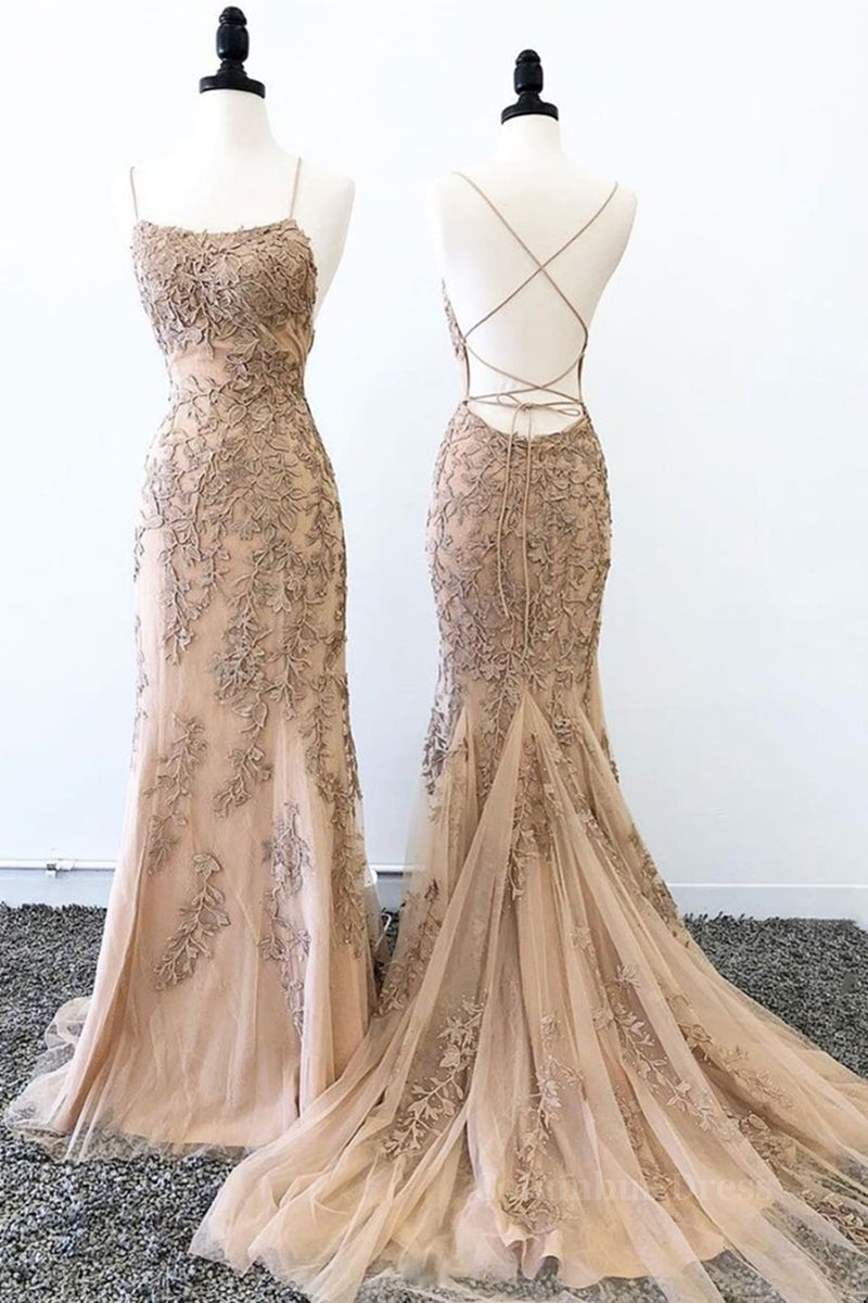 Bridesmaid Dresses Fall Wedding, Champagne Mermaid Backless Lace Appliques Long Prom Dresses, Champagne Lace Formal Dresses, Champagne Graduation Evening Dresses