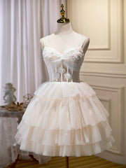 Bridesmaid Dresses Short, Champagne Mini/Short Prom Dress, Puffy Cute Homecoming Dress With Lace