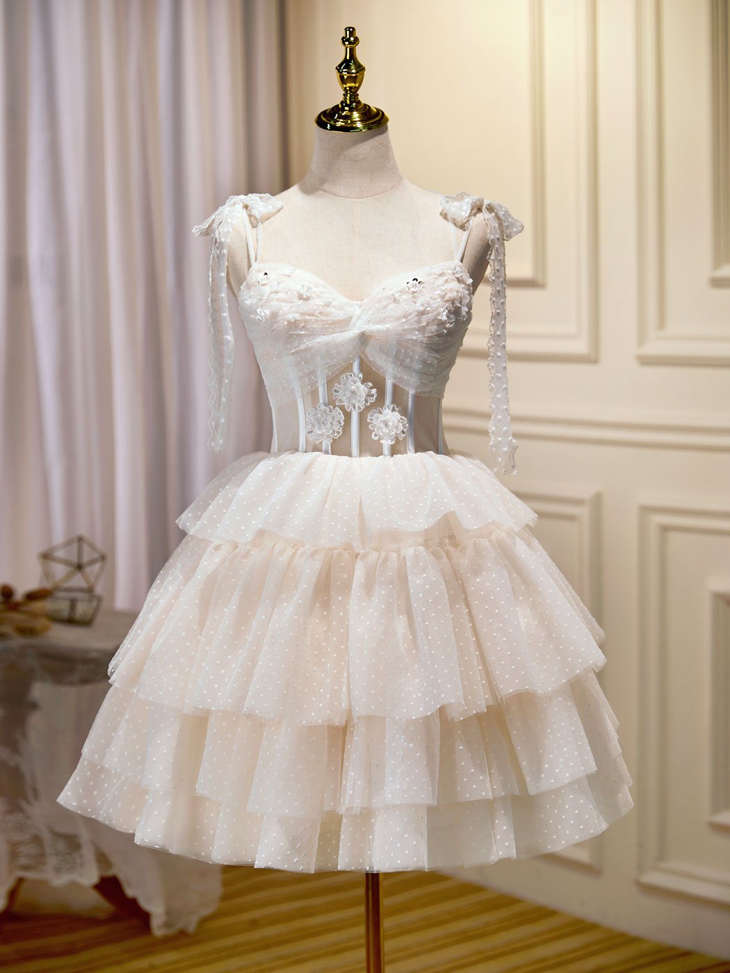 Bridesmaid Dress Sale, Champagne Mini/Short Prom Dress, Puffy Cute Homecoming Dress With Lace