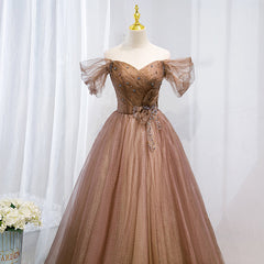 Prom Dresses Light Blue, Champagne Off Shoulder Beaded A-line Tulle Long Party Dress, Long Evening Gown