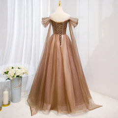 Prom Dress Light Blue, Champagne Off Shoulder Beaded A-line Tulle Long Party Dress, Long Evening Gown