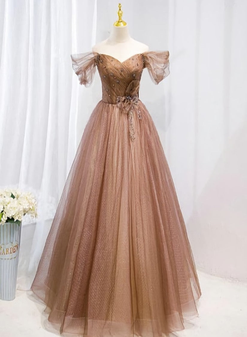 Prom Dresses Blue Lace, Champagne Off Shoulder Beaded A-line Tulle Long Party Dress, Long Evening Gown
