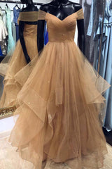Bridesmaid Dresses Pink, Champagne Off Shoulder Long Prom Dress with Layered Skirt