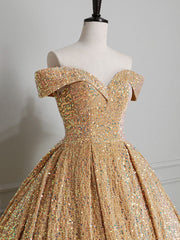 Evening Dress For Wedding Guest, Champagne Off Shoulder Sequin Long Prom Dress, Champagne Formal Dress