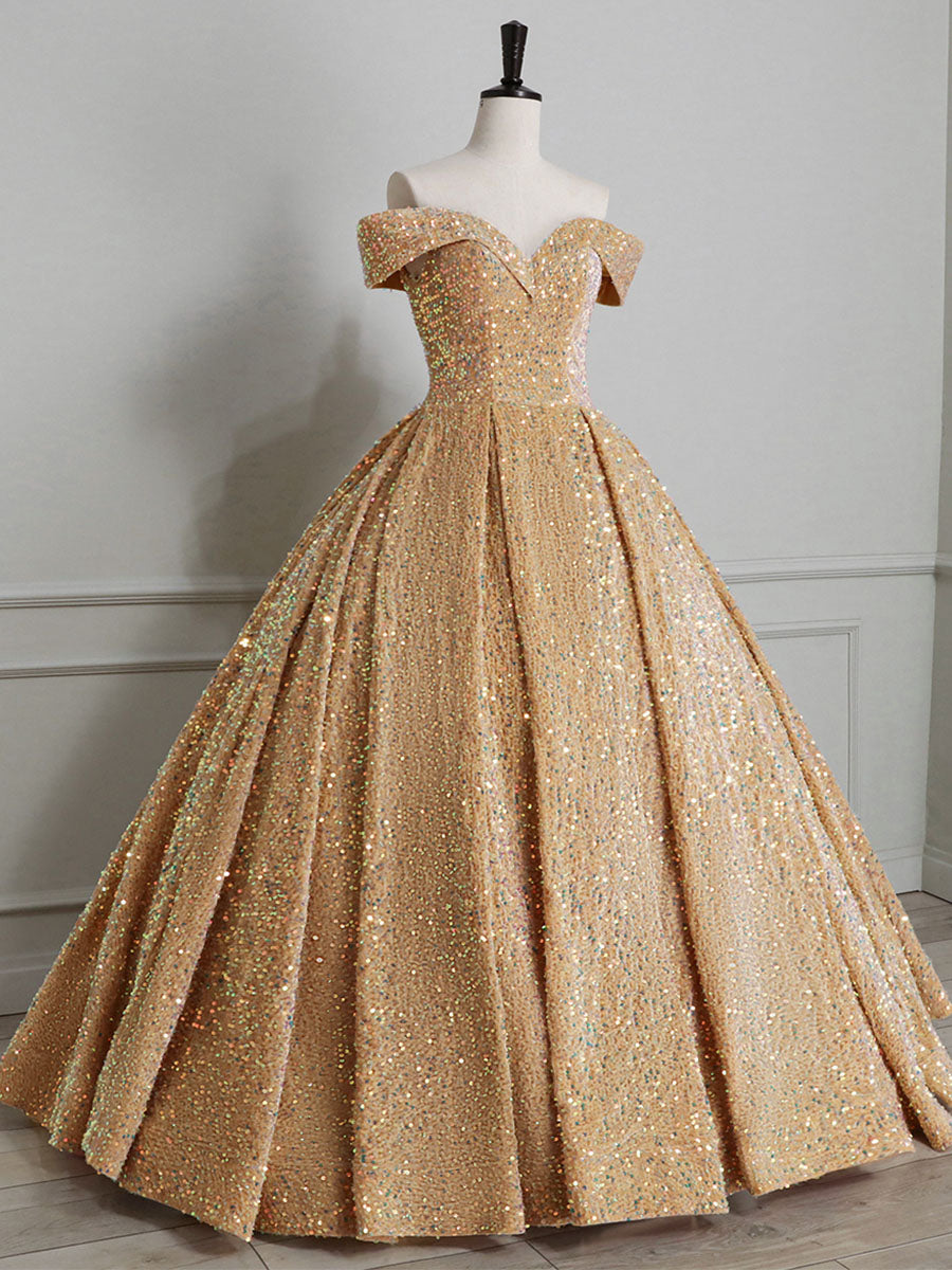 Evenning Dress For Wedding Guest, Champagne Off Shoulder Sequin Long Prom Dress, Champagne Formal Dress