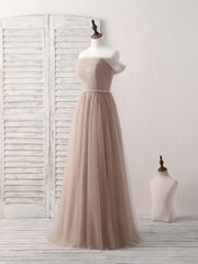 Party Dresses White, Champagne Off Shoulder Tulle Long Prom Dress, Champagne Evening Dress