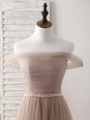 Party Dress Shiny, Champagne Off Shoulder Tulle Long Prom Dress, Champagne Evening Dress