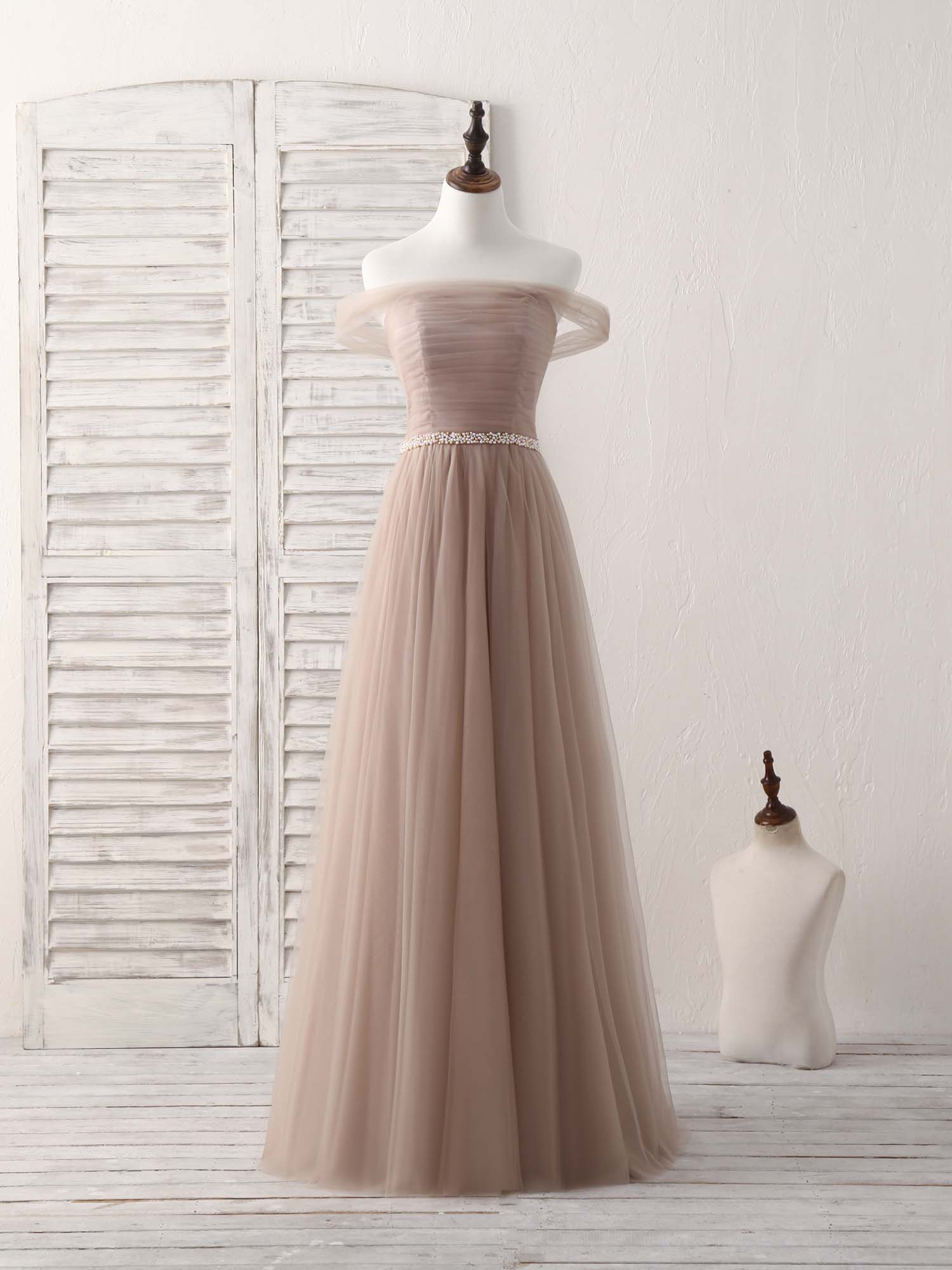 Party Dress Classy Christmas, Champagne Off Shoulder Tulle Long Prom Dress, Champagne Evening Dress