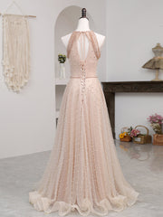 Party Dresses Miami, Champagne Pink Long Prom Dress, A Line Tulle Formal Dress Graduation Dresses