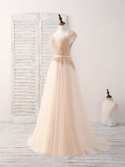 Party Dresses Online, Champagne Round Neck Tulle Lace Applique Long Prom Dress