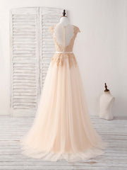 Party Dresses For Teens, Champagne Round Neck Tulle Lace Applique Long Prom Dress