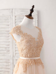 Party Dress Ideas, Champagne Round Neck Tulle Lace Applique Long Prom Dress