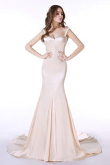 Prom Dress Pink, Champagne Satin Mermaid Spaghetti Straps Prom Dresses With Beading