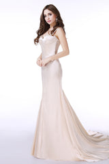 Silk Prom Dress, Champagne Satin Mermaid Spaghetti Straps Prom Dresses With Beading